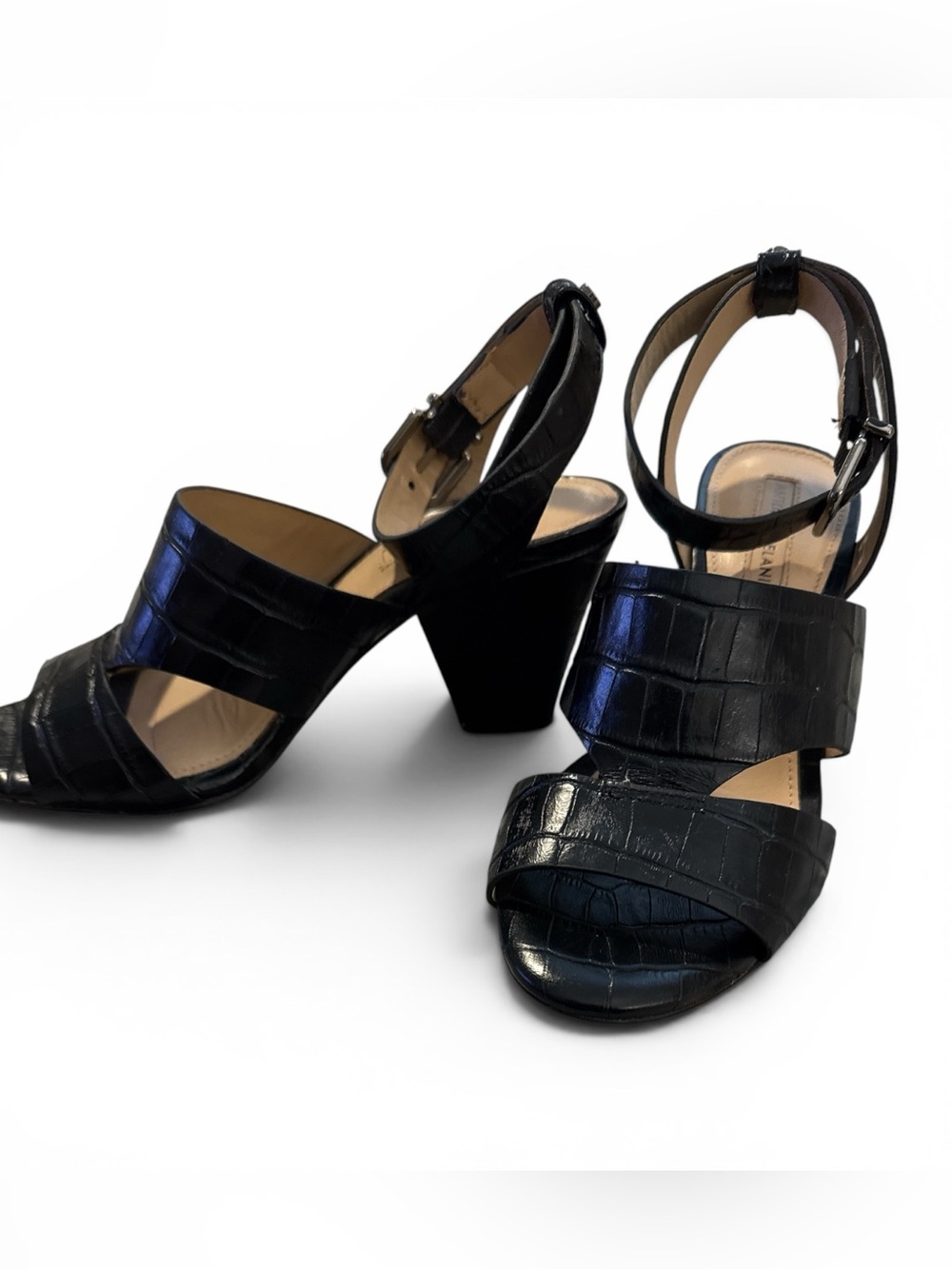 Antonio Melani Black Croc-Embossed Leather Ankle-Strap Sandals 2.5 Heel Size 6M